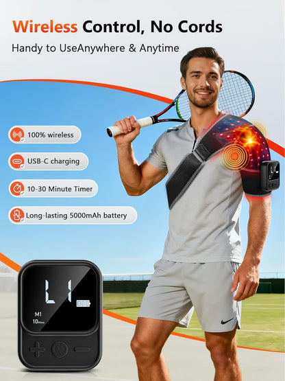 Red Light Therapy for Shoulder with Heat & Massage 5000mAh Cordless Near-Infrared Light Therapy Wrap, 216 Beads 660nm & 850nm Shoulder Brace for Men Women Portable Pad Last 90-380mins
