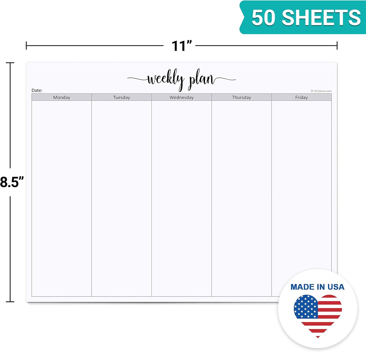 321Done Undated Weekly Planner Notepad, Jumbo 11x17 Desk Pad - 50 Tear-Off Sheets, Weekday Monday-Friday Schedule, Daily Task Planner for Home, Office & Student Use - Made in USA