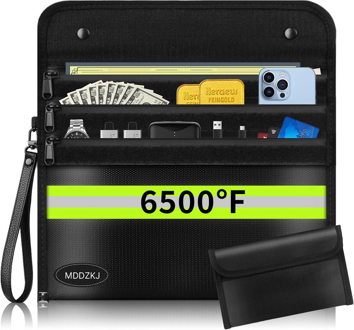 6500℉ Upgraded Fireproof Cash Bag (11.2x7.7 inch) with 2 Pockets,Small Fireproof Safe with 2 Zipper,Storage Cash,Legal Documents Safe,10 Layers of Heat Insulated Materials(2 Pack)