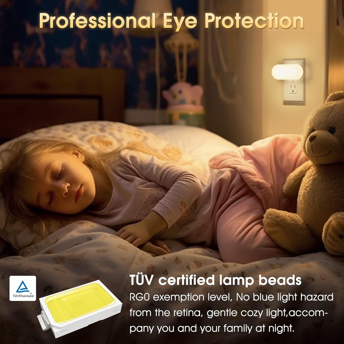 DORESshop Amber Night Light, Auto On/Off, 0-100 LM Adjustable Brightness, Dimmable Plug Into Wall Light Sensor Night Light for Kids Room, Bedroom, Stair Lights, Amber, 1W, 2 Pack