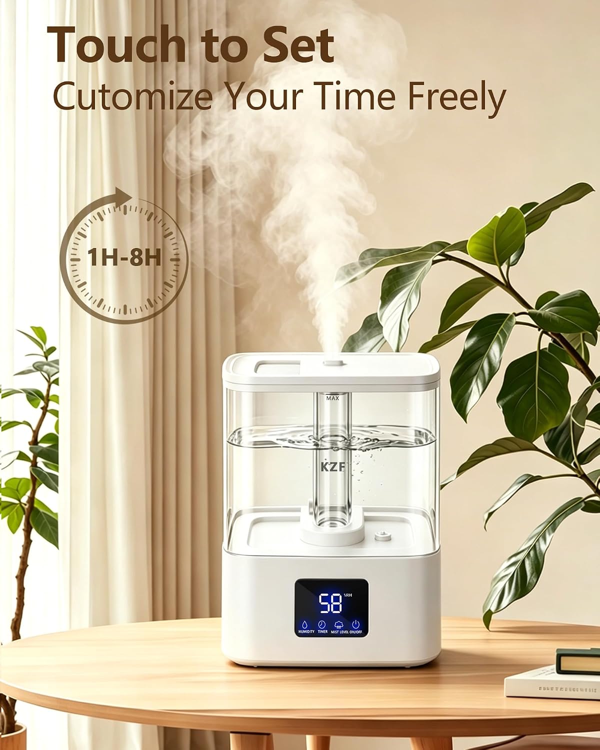 KZF 4L Top Fill Humidifiers for Bedroom & 40H Runtime - Cool Mist Humidifier, 3 Mist Levels, 8H Timer, Essential Oil Tray, Humidity Display, Quiet for Baby, Plants, Large Room (Black, 4, Liters)