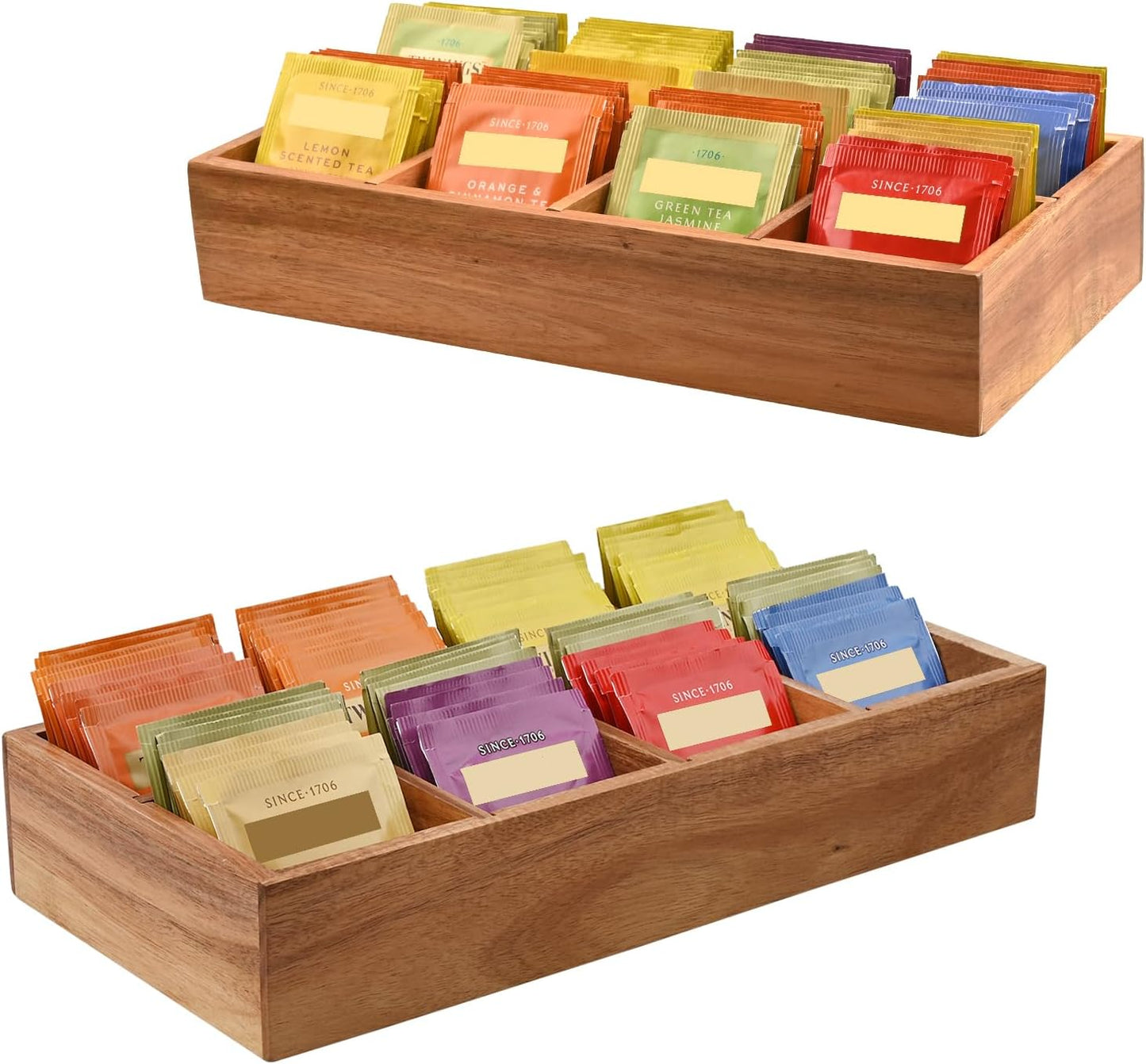 Acacia Wood Tea Bag Organizer with 8 Slots – Tea Bag Holder and Tea Organizer, Sugar Packet Storage for Countertops