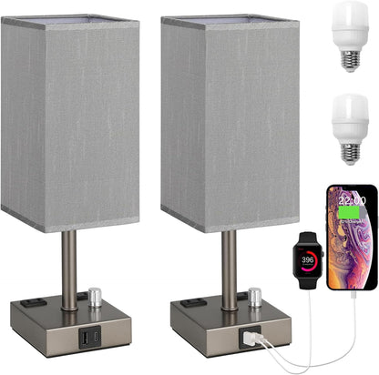 Bedside Table Lamps Set of 2 for Bedroom - Dimmable, USB C+A, 2 AC Outlets