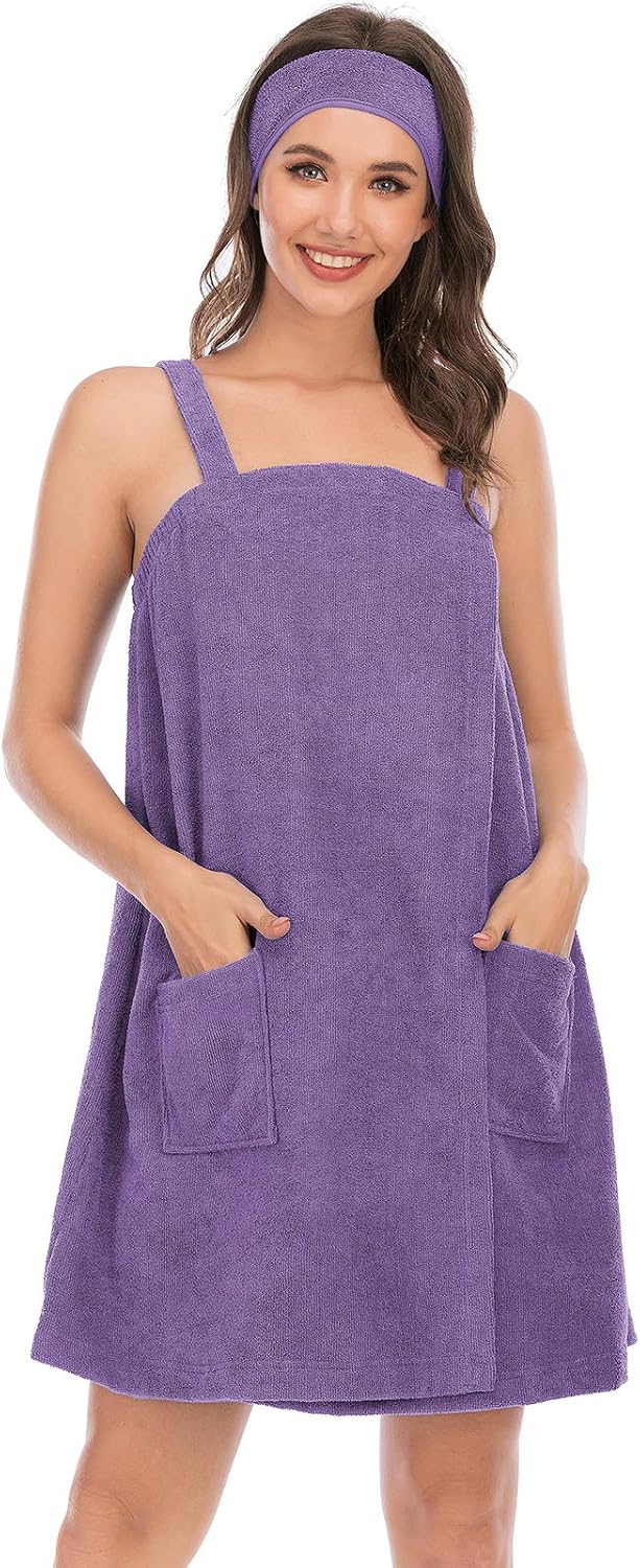 Veseacky Women Bath Wrap Towel for Womens Shower with Pocket Adjustable Spa Robe & Facial Headband