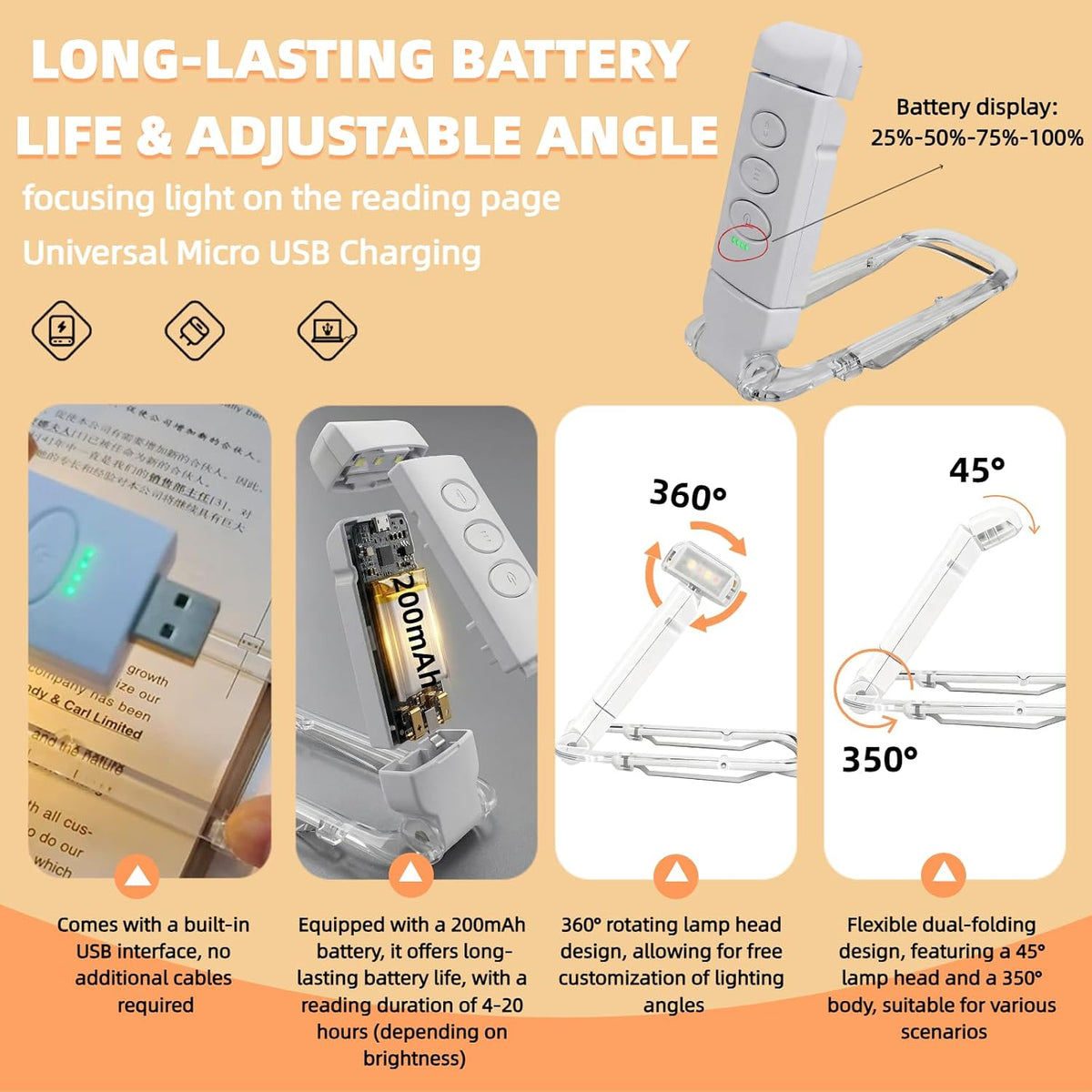 USB Rechargeable Book Light, Portable Clip-on LED Reading Light, Reading Lights for Books in Bed with 3 Amber Colors & 5 Brightness Dimmable, Compact & Long Lasting, Perfect for Book Lovers (Pink)