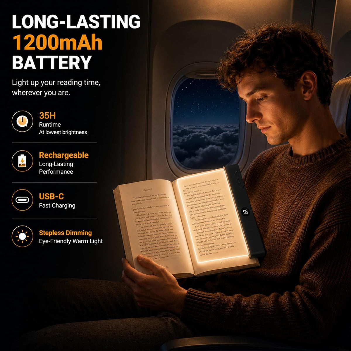 Gayrrnel LED Flat Book Light for Reading, Book Light for Reading in Bed, 3 Color Mode, Eye Care Stepless Dimmable, Portable USB Rechargeable 1200mAh Battery, Auto-Off Timer