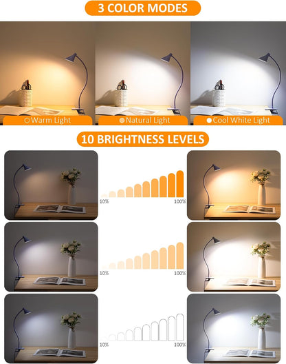 LiFMIRA Clip on Light USB Reading Light Desk Lamp 3 Color Modes Black