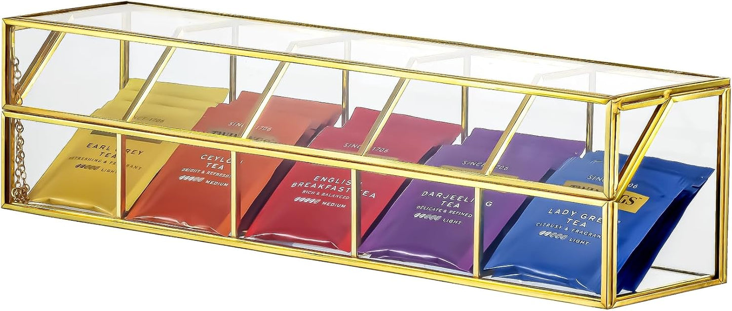 NCYP Glass Tea Bags Organizer with 5 Grids Compartments, Indoor Counter Top Brass Display Case with Lid, Storage Box, Gold, Decor, Teabag Storage, 14.5 x 3.6 x 3.66 Inches (Glass Box Only)