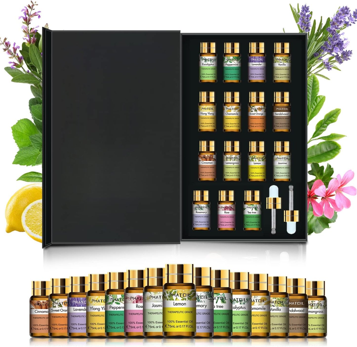 PHATOIL 15PCS Essential Oils Gift Set - Premium Quality 100% Natural Pure Essential Oils for Aromatherapy Diffuser Yoga Home Office Soap Candle Making- 5ml/Bottle