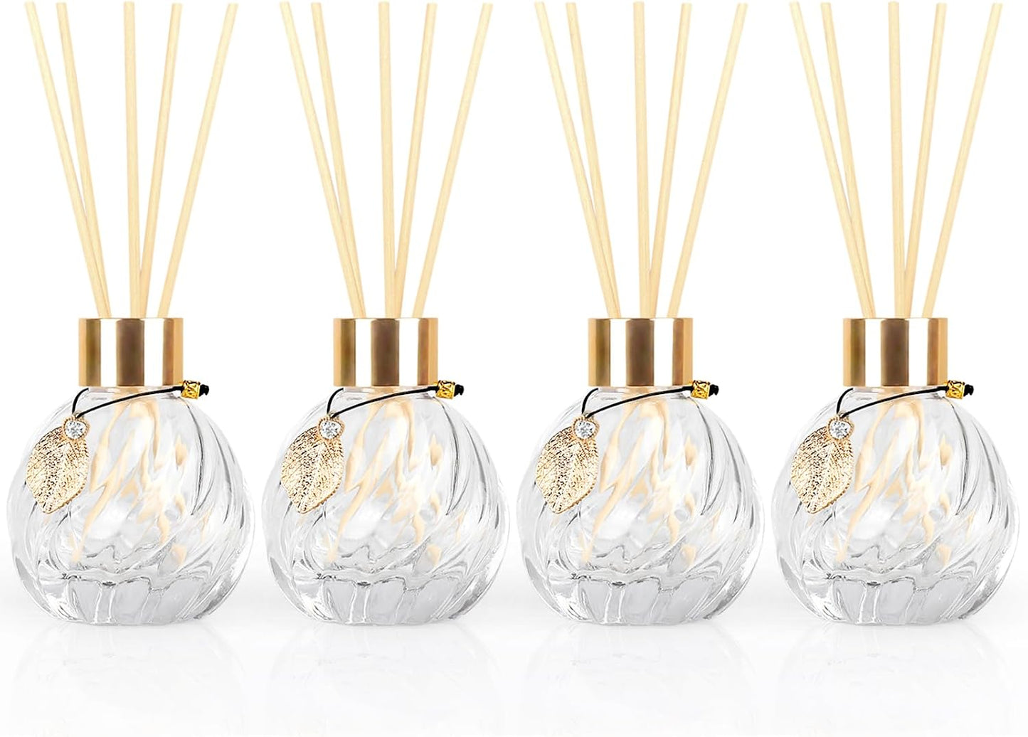 4-Piece Reed Diffuser Set with Metal Golden Decoration, 3.5-4.2oz Empty Bottles and 20 Reed Sticks, Unique Design for Home and Office (4 Different Bottles)