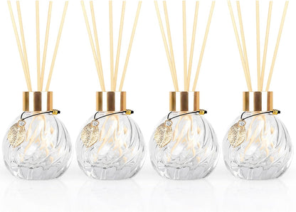 4-Piece Reed Diffuser Set with Metal Golden Decoration, 3.5-4.2oz Empty Bottles and 20 Reed Sticks, Unique Design for Home and Office (4 Different Bottles)
