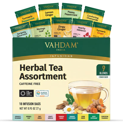 VAHDAM, Assorted Herbal Tea Sampler (18 Tea Bags, 9 Flavors) Caffeine-Free, Non-GMO | Delightful Natural Flavours, Individually Wrapped Tea Bags | Herbal Tea Assortment