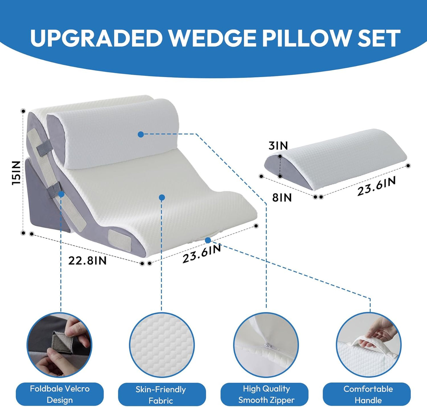 Ahpmeoa 3PCS Wedge Pillow Set for After Surgery, Back Pillow for Bed Sitting up, 10-in-1 Foam Wedge Pillow for Acid Reflux & Back Pain Relief, Post Surgery Pillow for GERD & Snoring, White
