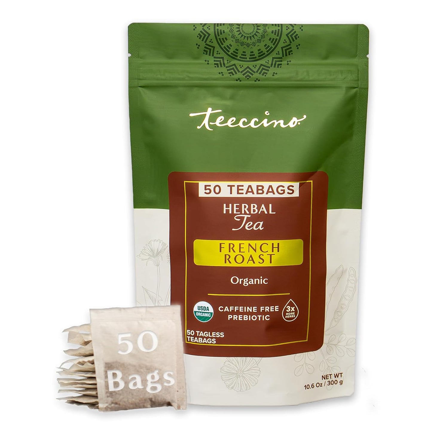 Teeccino Herbal Tea Sampler Assortment - 12 Tea Bags - Maca Chocolaté, French Roast, Hazelnut, Vanilla Nut - Roasted Caffeine Free Herbal Tea, Prebiotic for Natural Energy