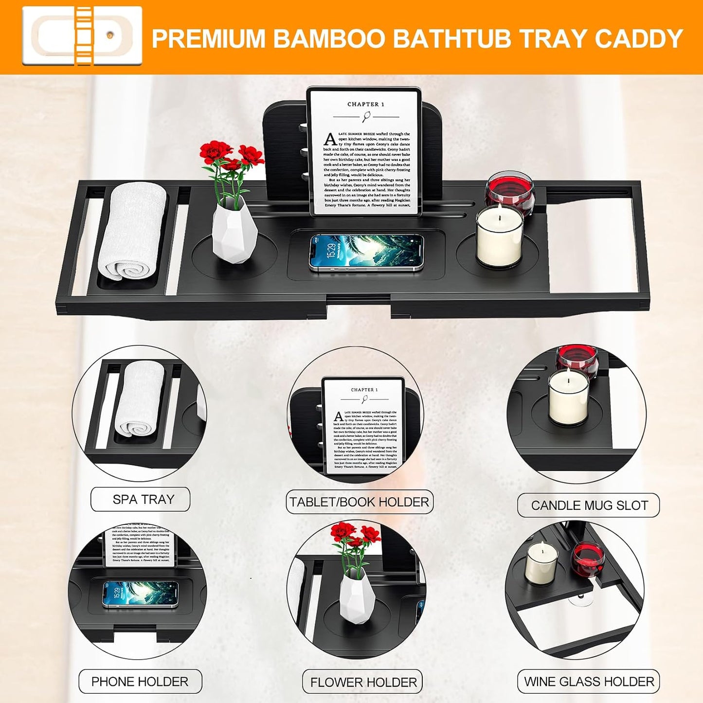 Premium Bamboo Bathtub Tray Caddy - Bath Tub Tray Table for Bathtub - Bath Caddy Tray for Bathtub, Expandable Size, Fits Most Bath Tubs