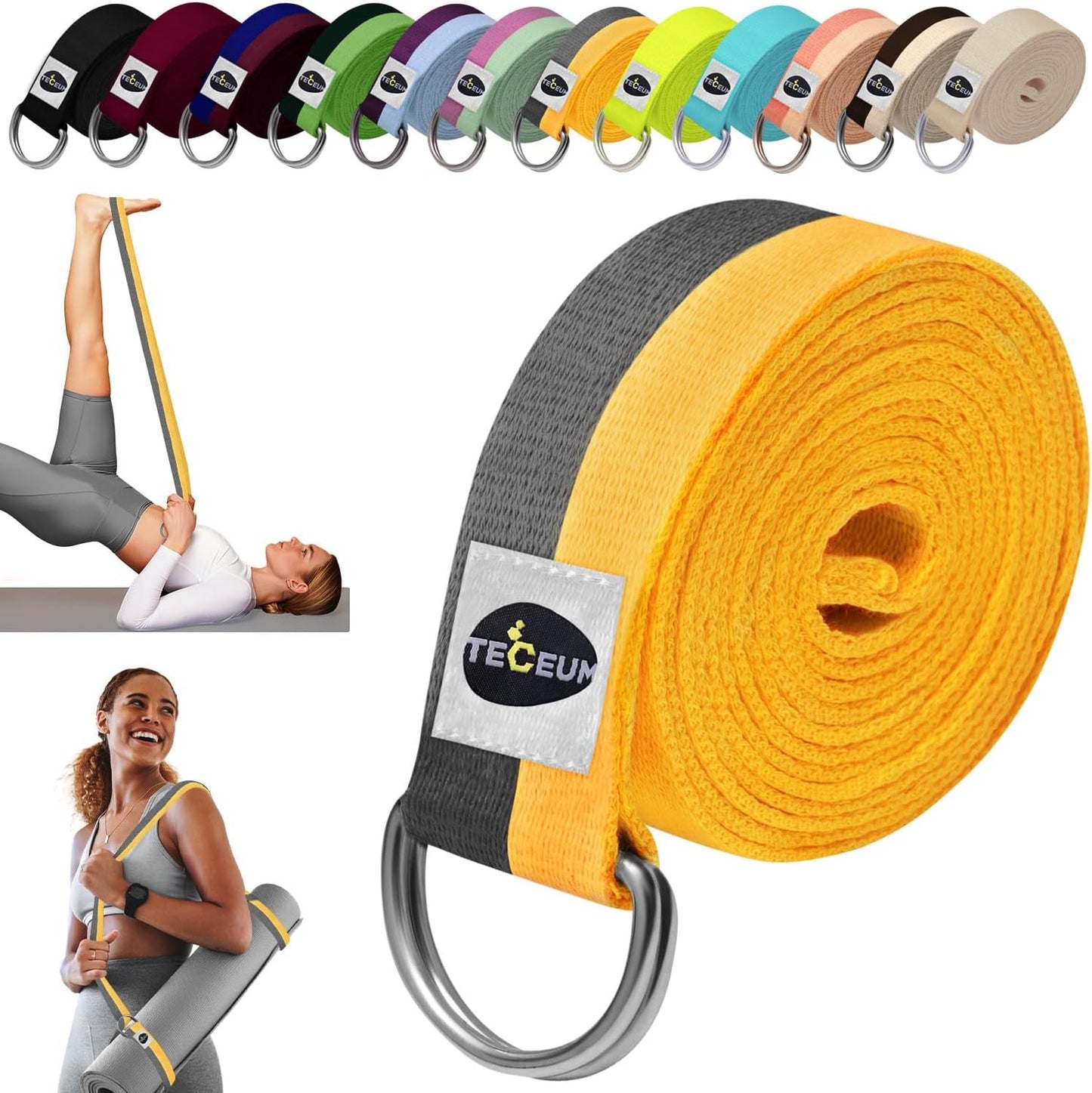 TECEUM 2 IN 1 Yoga & Mat Strap for Stretching – Cotton – 6/8/10 ft