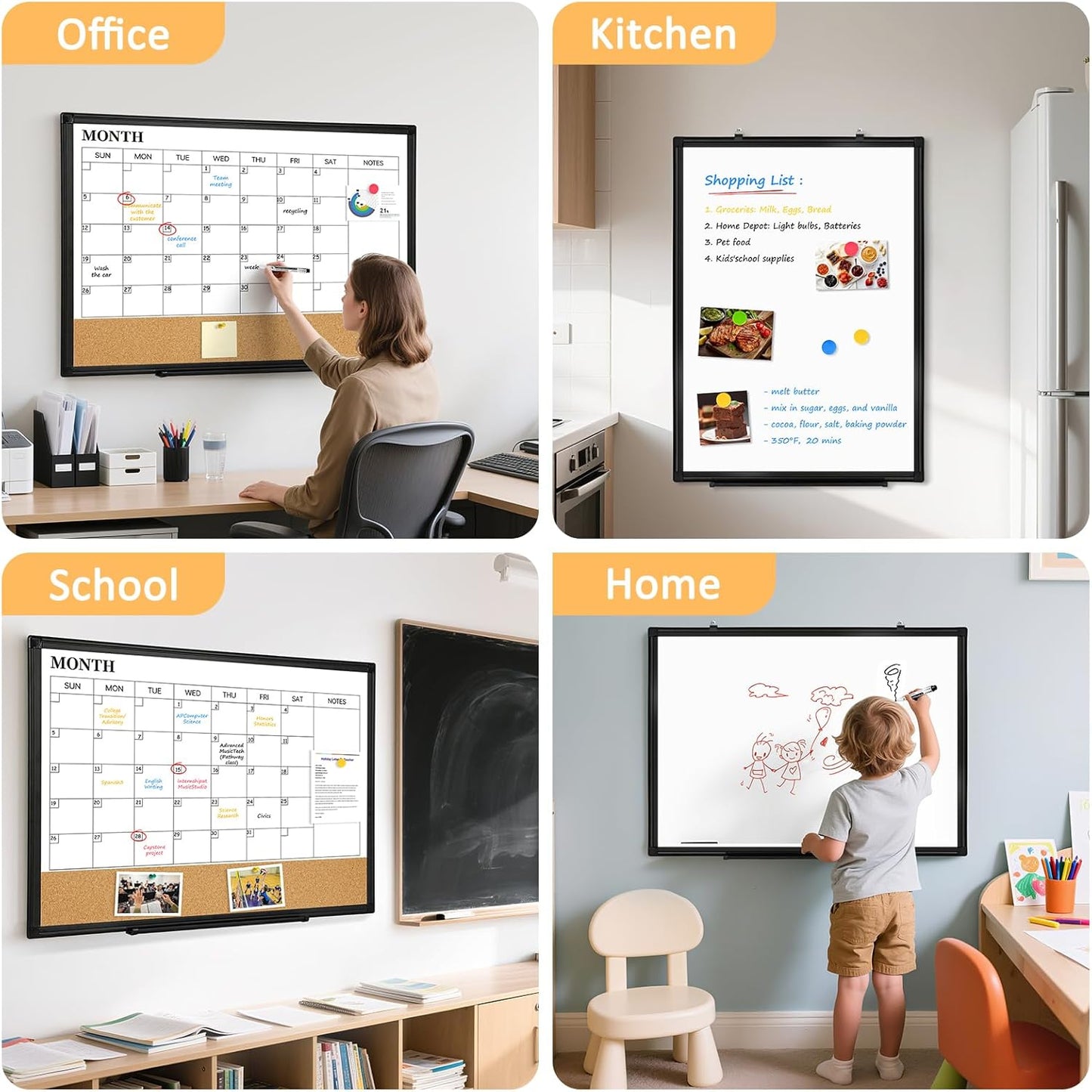 Dry Erase Calendar Whiteboard for Wall, 24"x18" Magnetic Monthly White Board Cork Board Combo, Double Sided, Aluminum Frame, Wall Hanging Wipe Board for Home, Office, School, Dorm