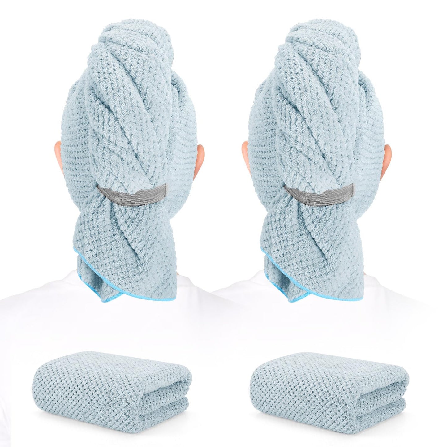 2 Pack Microfiber Hair Towel - 41 x 24 inches Super Soft, Absorbent, Fast Drying Without Frizz Hair Towel Wrap for Women Long, Thick, Curly Hair - Hair Turbans with Elastic Strap