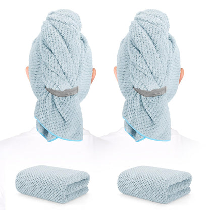 2 Pack Microfiber Hair Towel - 41 x 24 inches Super Soft, Absorbent, Fast Drying Without Frizz Hair Towel Wrap for Women Long, Thick, Curly Hair - Hair Turbans with Elastic Strap