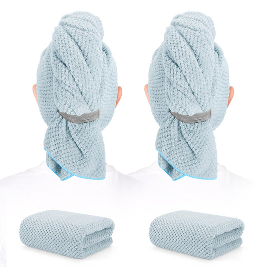 2 Pack Microfiber Hair Towel - 41 x 24 inches Super Soft, Absorbent, Fast Drying Without Frizz Hair Towel Wrap for Women Long, Thick, Curly Hair - Hair Turbans with Elastic Strap