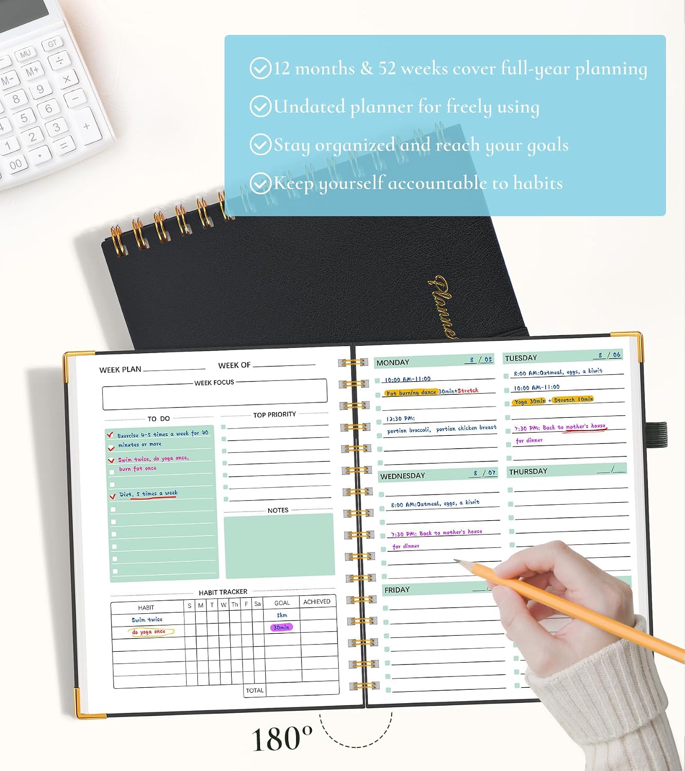 Undated Weekly Planner, Hardcover Leather Weekly & Monthly Calendar Blank Planner, To Do List Notebook with Goal & Habit Tracker Organizer, A5 Daily Planner with Spiral Binding, Ideal for Work School Home, Black