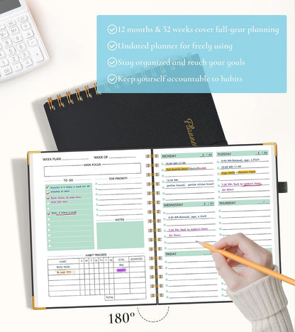 Undated Weekly Planner, Hardcover Leather Weekly & Monthly Calendar Blank Planner, To Do List Notebook with Goal & Habit Tracker Organizer, A5 Daily Planner with Spiral Binding, Ideal for Work School Home, Black