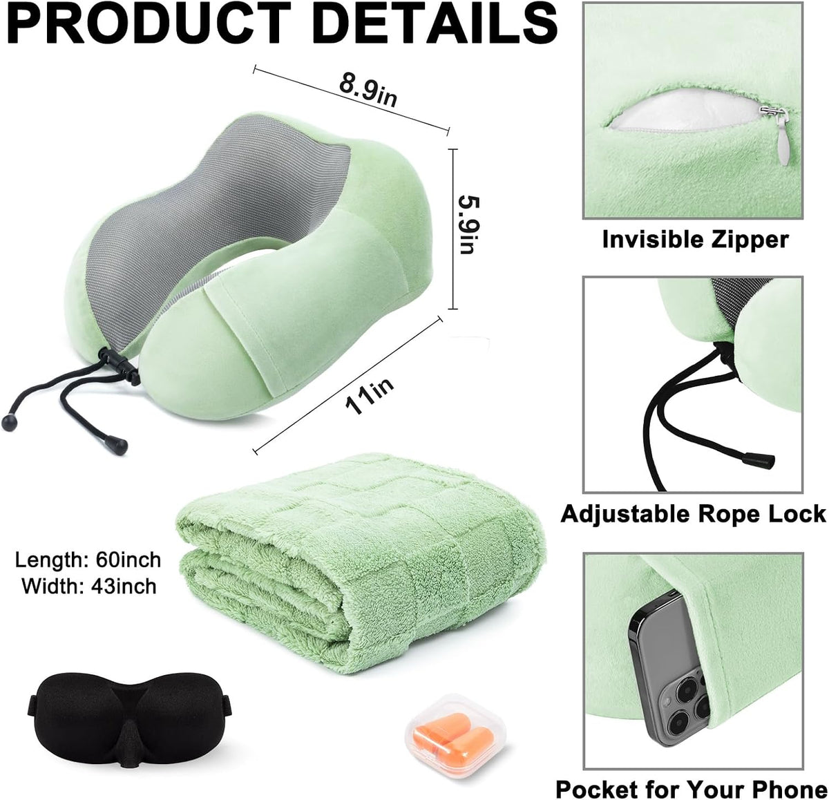urnexttour Travel Pillow and Blanket Set Neck Pillow Airplane Foam Black