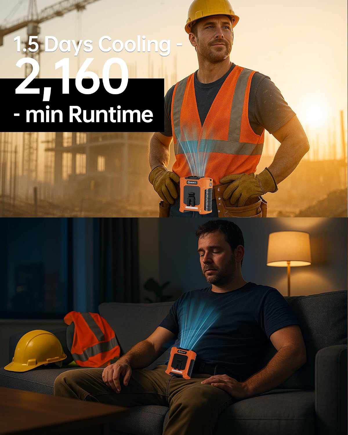 Waist Fan - Portable Cooling Clip Belt Fan with 10000mAh Battery, 24H Working Time, 3 Speeds, 16000RPM Airflow, LED SOS Warning Light for Jobsite, Farming, Fishing, Hot Summer