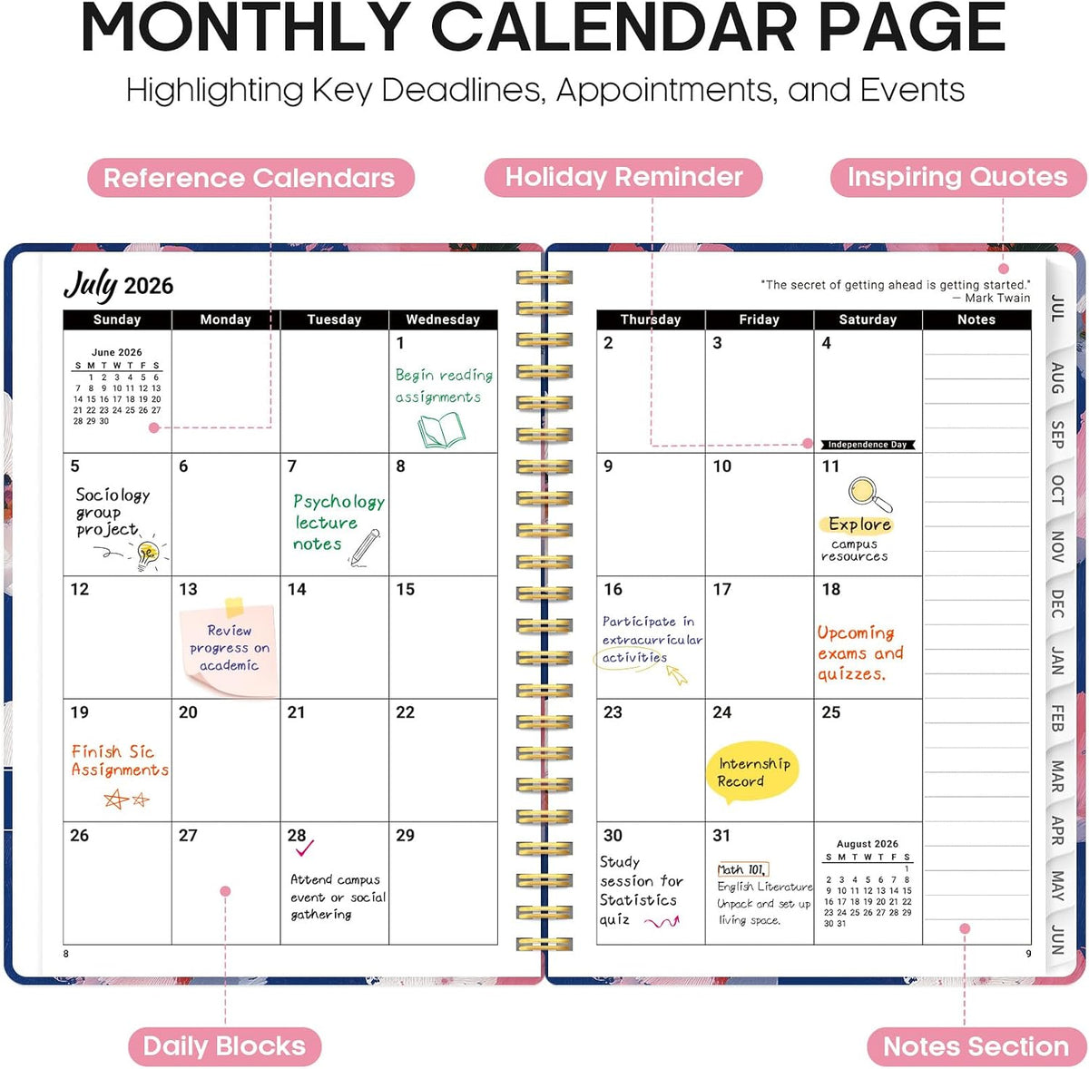 Planner 2026-2027, Jul 2026-Jun 2027 Academic Monthly & Weekly Planner - Colors B