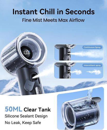 KIMMOO Portable Misting Fan, USB Rechargable Handheld Fan with Water Spray Mist, Up to 13 Hrs Cooling, 25000PRM, 100 Speeds, 50ml Water Tank, Personal Turbo Fan for Travel/Makeup/Office/Outdoor, Black