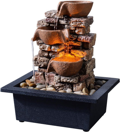 Haobos Indoor Tabletop Fountain 3-Tier Rockery Relaxation, Soothing Sound Home/Office/Bed Room Decor,Gifts for Mom/Grandma Relaxing Waterfall Meditation Tabletop Fountain LED Lights