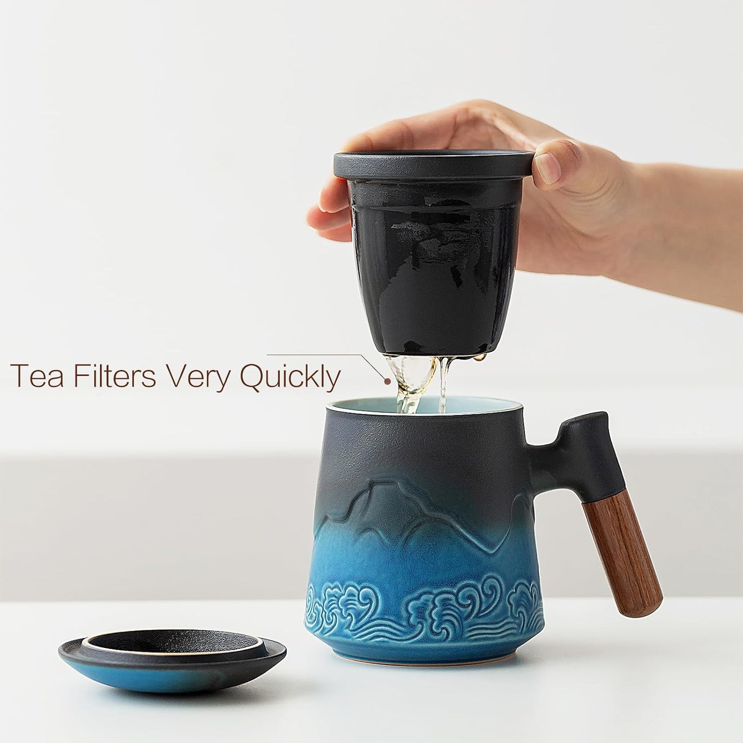 ZENS Embossed Ceramic Tea Mug with Infuser and Lid, 14.5 oz Wooden Handle, Loose Leaf Tea Steeper Cup & Strainer for Tea Lovers Gifts