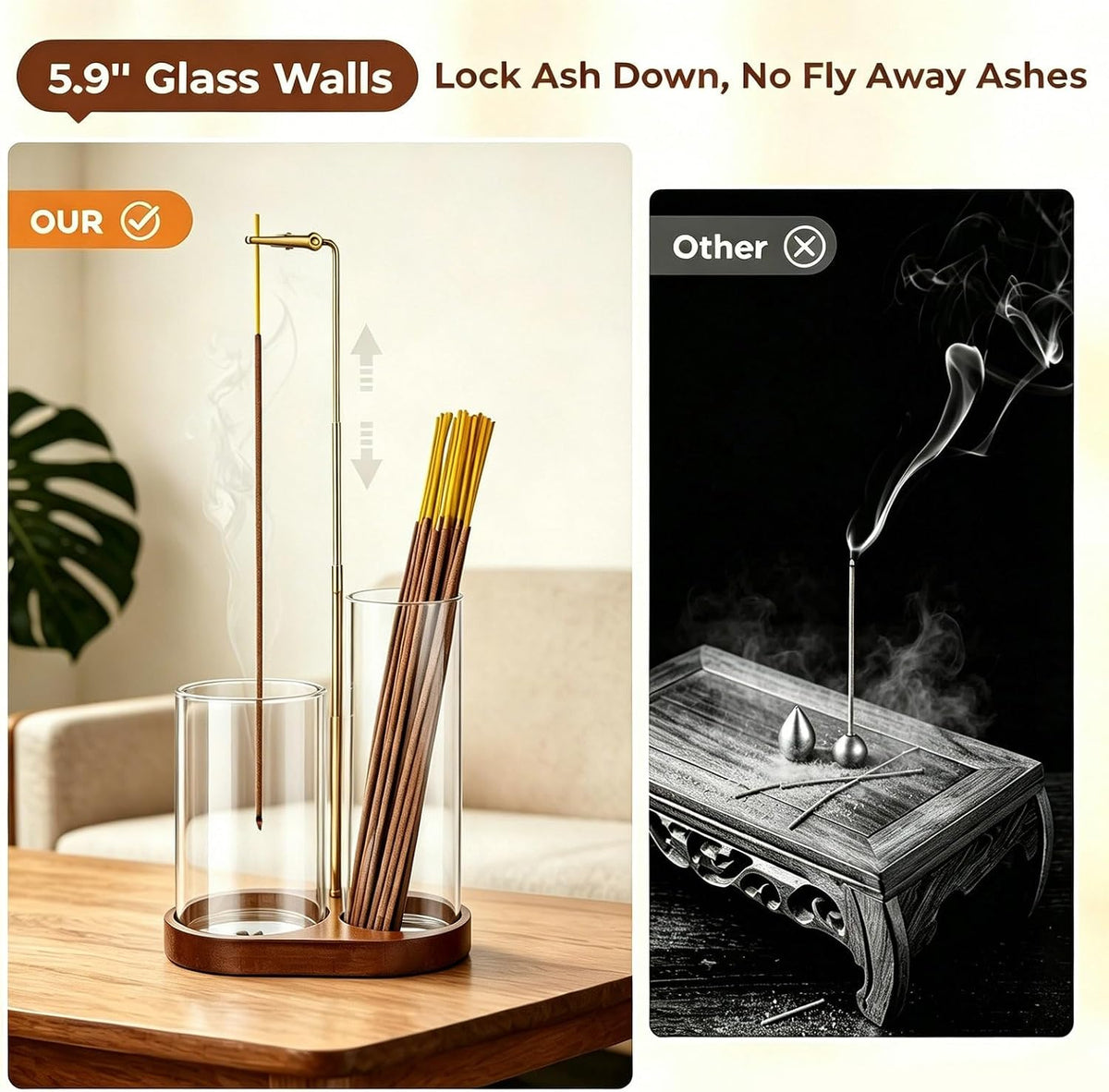 3 in 1 Incense Holder for Sticks Upside Down Anti-Ash Incense Burner with Glass Ash Catcher Backflow Cone Incense Diffuser with Adjustable Threaded Mounting for Mediation Yoga Spa Gifts Home Decor