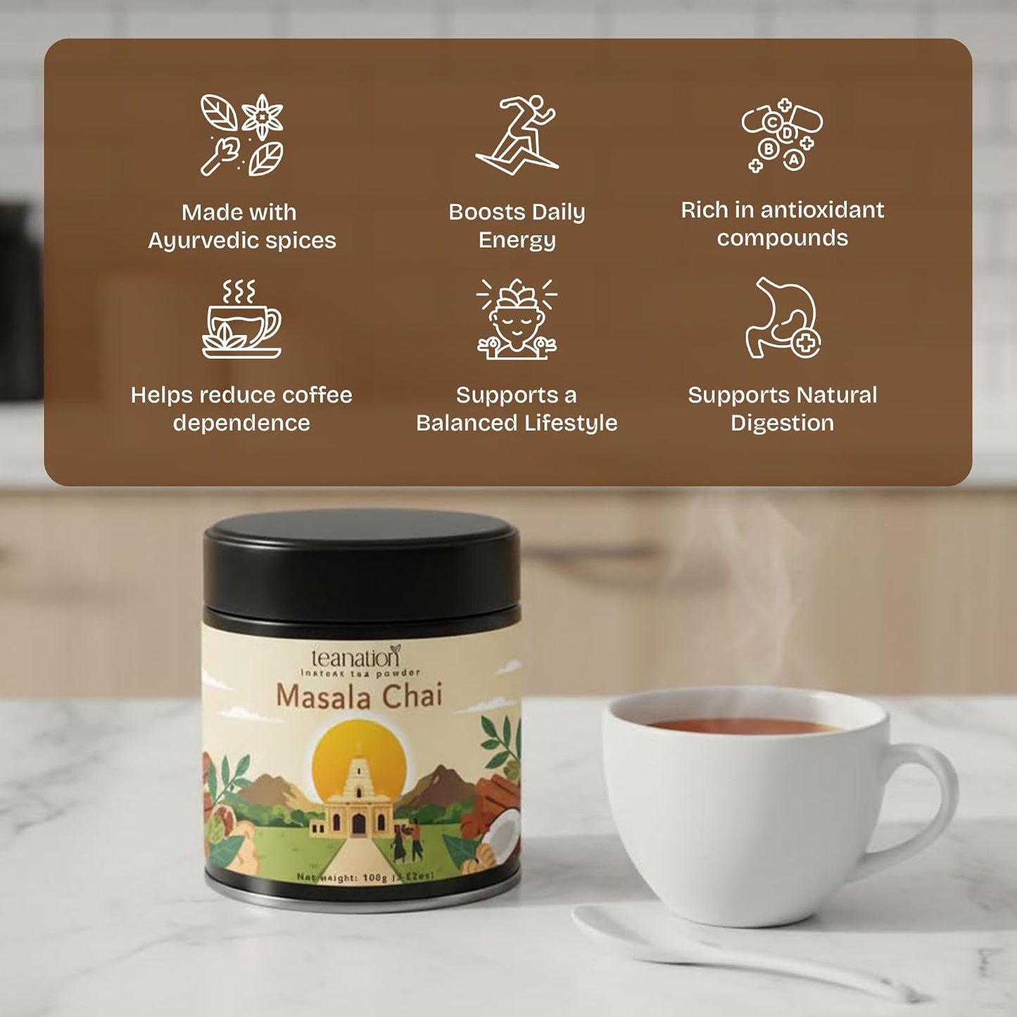 Tea Nation Masala Chai Instant Powder, 100g Chai Latte Mix – Spiced Black Tea Blend, Vegan, Gluten-Free, No Additives | Easy Chai Latte Coffee Alternative