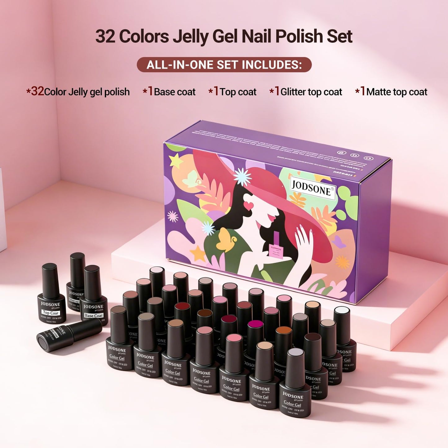 JODSONE Gel Nail Polish Kit 60 PCS with U V Light Soak off Base Top Coat 55 Shine Colors Gel Nail Kit Bright and Dark Brown Wine Red Series Manicure Set for Women and Girls