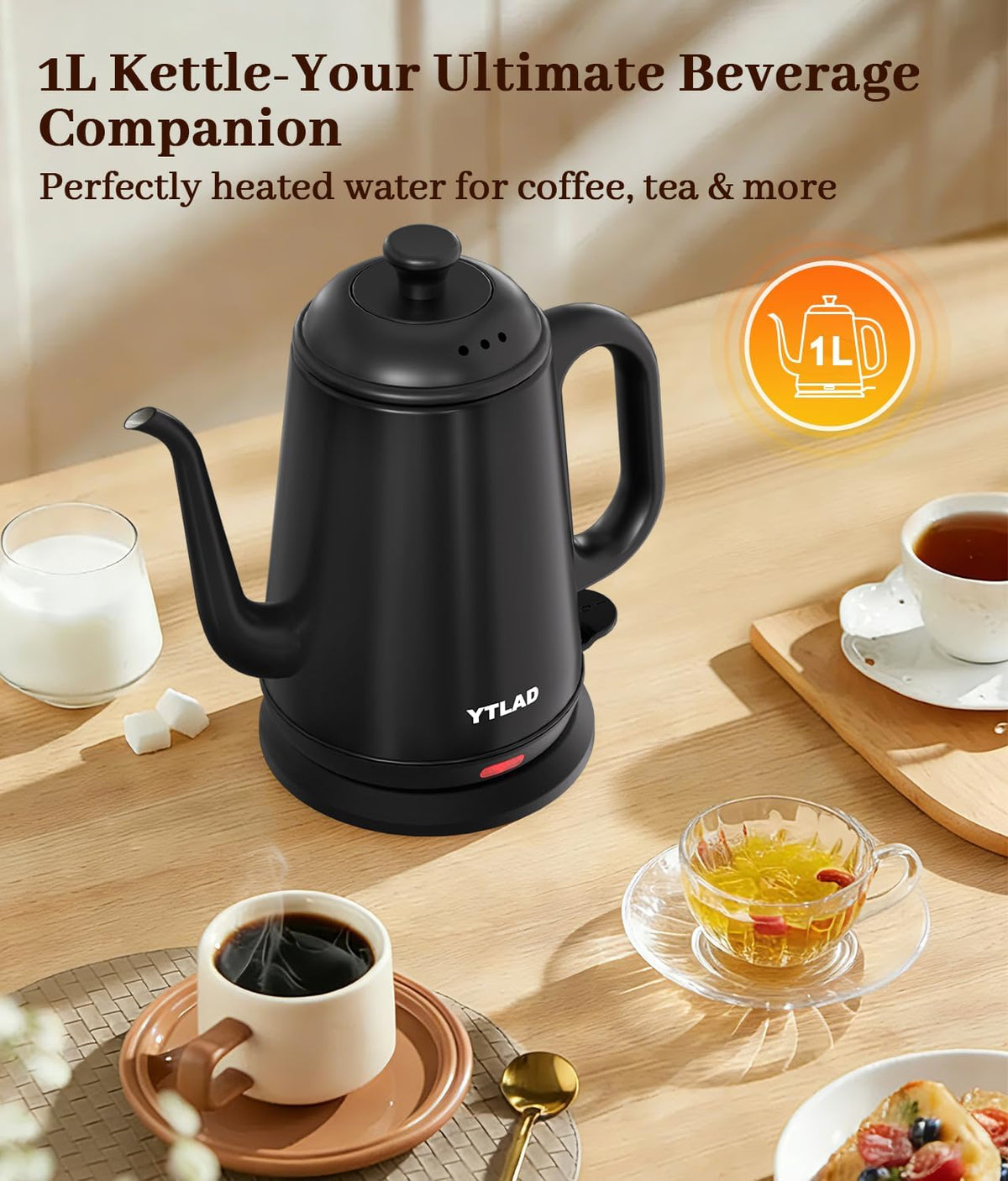 Gooseneck Electric Kettle 1L, 1000W, Pour-Over Coffee & Tea