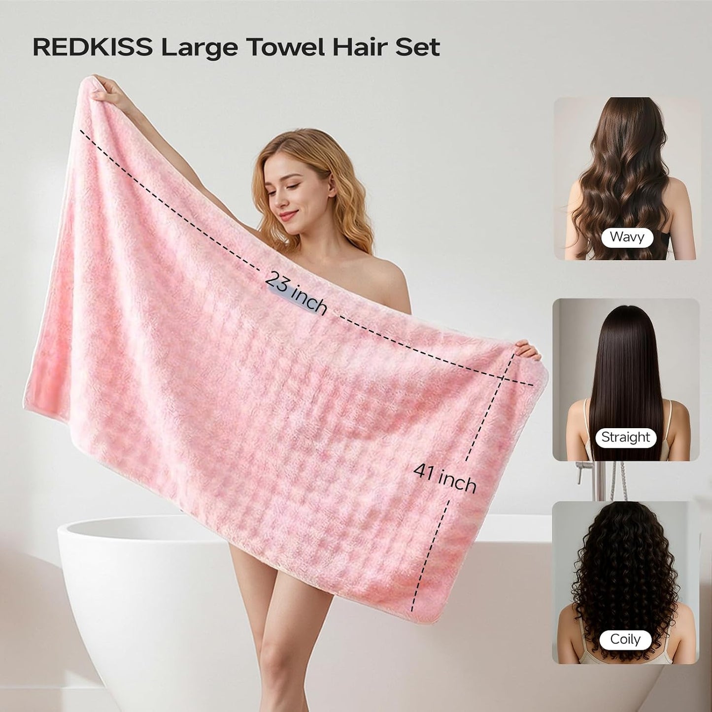 REDKISS 3 Pack Microfiber Hair Towels - Extra Large Hair Towel Wrap for Women, 24x42 inch Hair Towels with Elastic Strap, Super Soft Hair Drying Towels for Long, Thick, Curly Anti Frizz Turbans