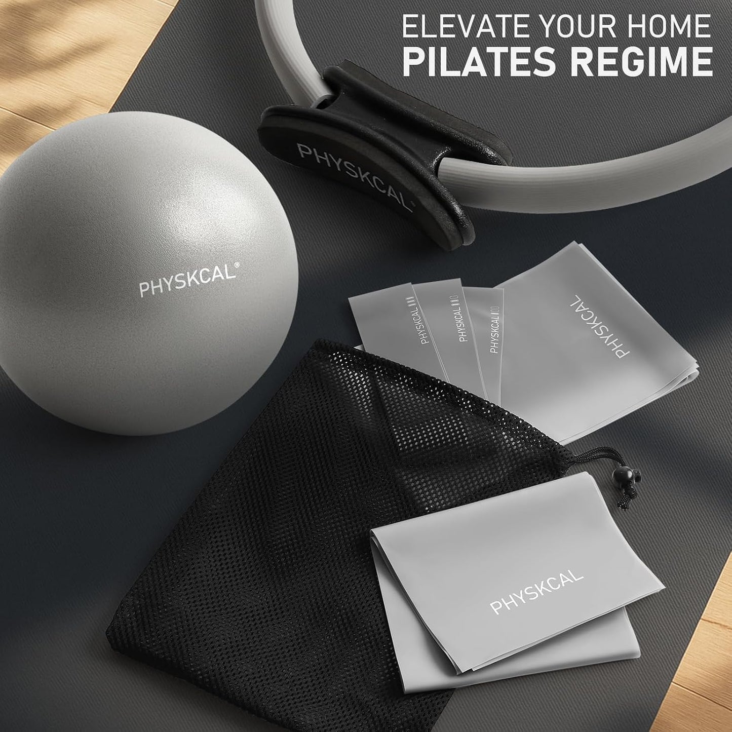 PhysKcal Pilates Kit, 15-Inch Pilates Ring with 1x Pilates Ball & 5X Bands | Aesthetic Home Pilates Equipment Set, Essential Kit for Beginners in Minimalist Style. Comes in Premium Packaging