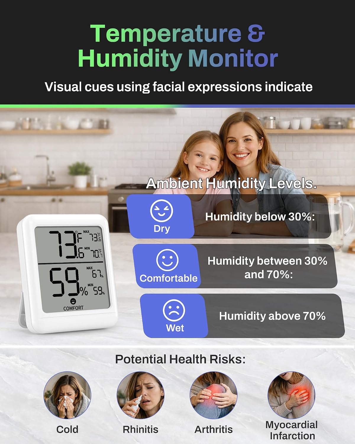 BN-LINK Digital Hygrometer Indoor Room Thermometer, Accurate Temperature and Humidity Meter with Large LCD Monitor for Home, Bedroom, Terrarium, Incubator, Greenhouse, 1 Pack