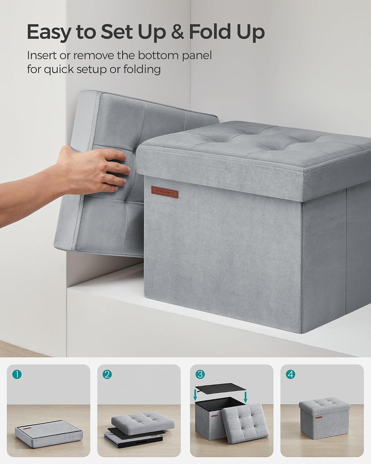 SONGMICS Small Folding Storage Ottoman, Foot Rest Stool, Cube Footrest, Synthetic Leather, 12.2 x 16.1 x 12.2 Inches, 286 lb Capacity, for Living Room, Bedroom, Dorm, Ink Black ULSF100B01