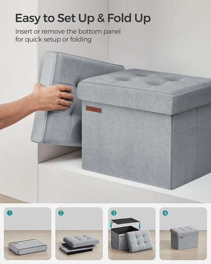 SONGMICS Small Folding Storage Ottoman, Foot Rest Stool, Cube Footrest, Synthetic Leather, 12.2 x 16.1 x 12.2 Inches, 286 lb Capacity, for Living Room, Bedroom, Dorm, Ink Black ULSF100B01