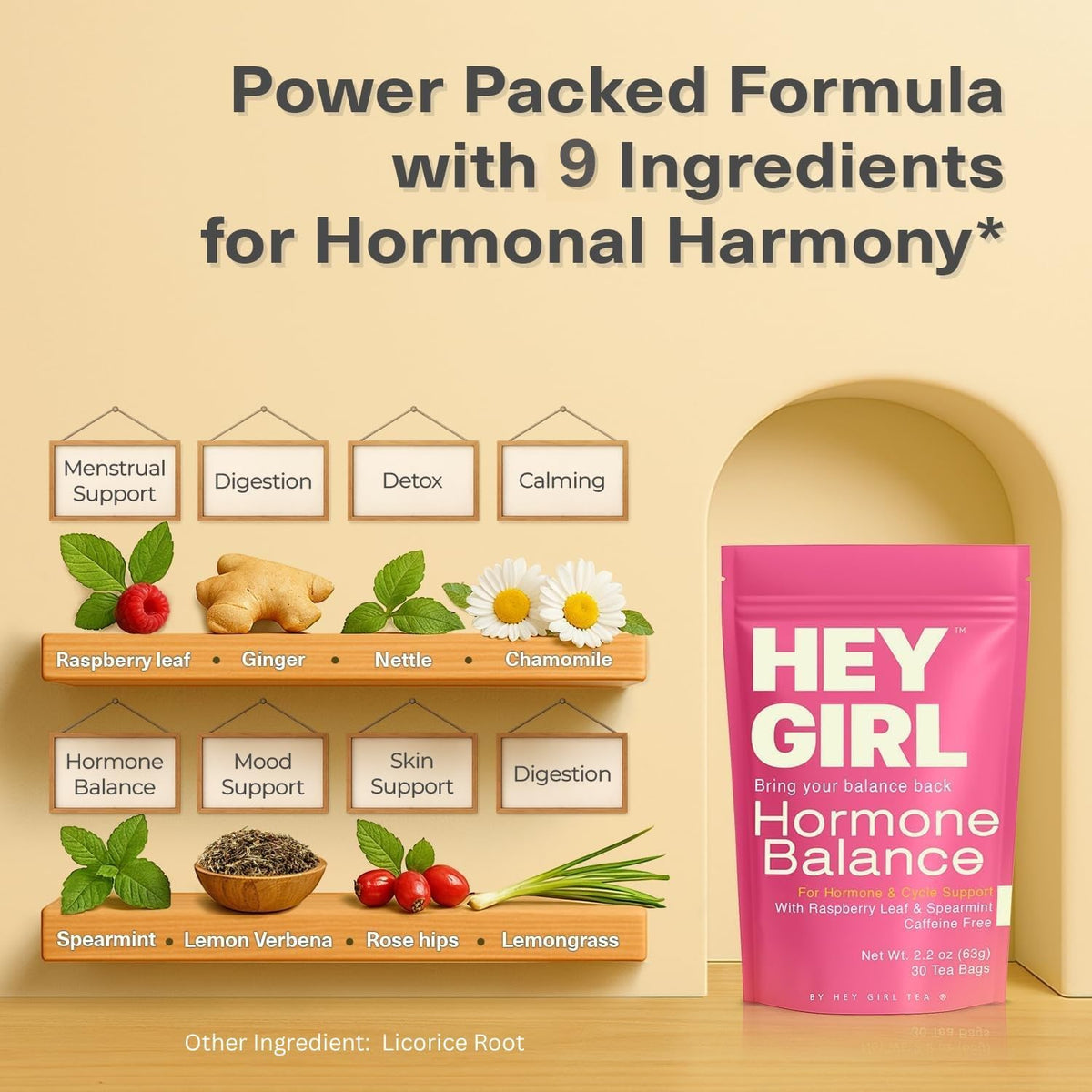 Hey Girl Hormone Balance Tea for Women, Spearmint & Red Raspberry Leaf with Chamomile & Ginger - Herbal PCOS Tea, Perimenopause, Cycle & PMS Support, Caffeine Free, 30 Tea Bags