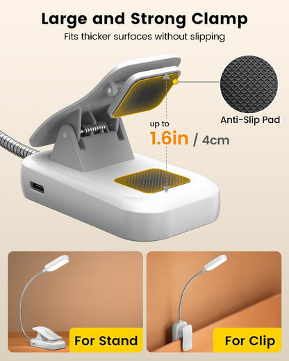 Glocusent 13 LED Reading Lights for Books in Bed, Eye-Caring Rechargeable Book Light 3 Amber Colors & Stepless Dimming, 120 Hrs Runtime, Travel Clip on Reading Lamp, Gifts for Book Lover Men Women Kid