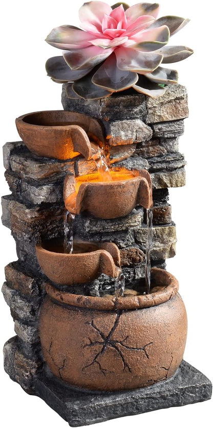 Indoor Fountain 4-Bowl Rockery Soothing Sound Tabletop Fountains Home/Office Decor with a Small Plastic Pot to Grow The Plant by Yourself(Automatic Watering)(23001)