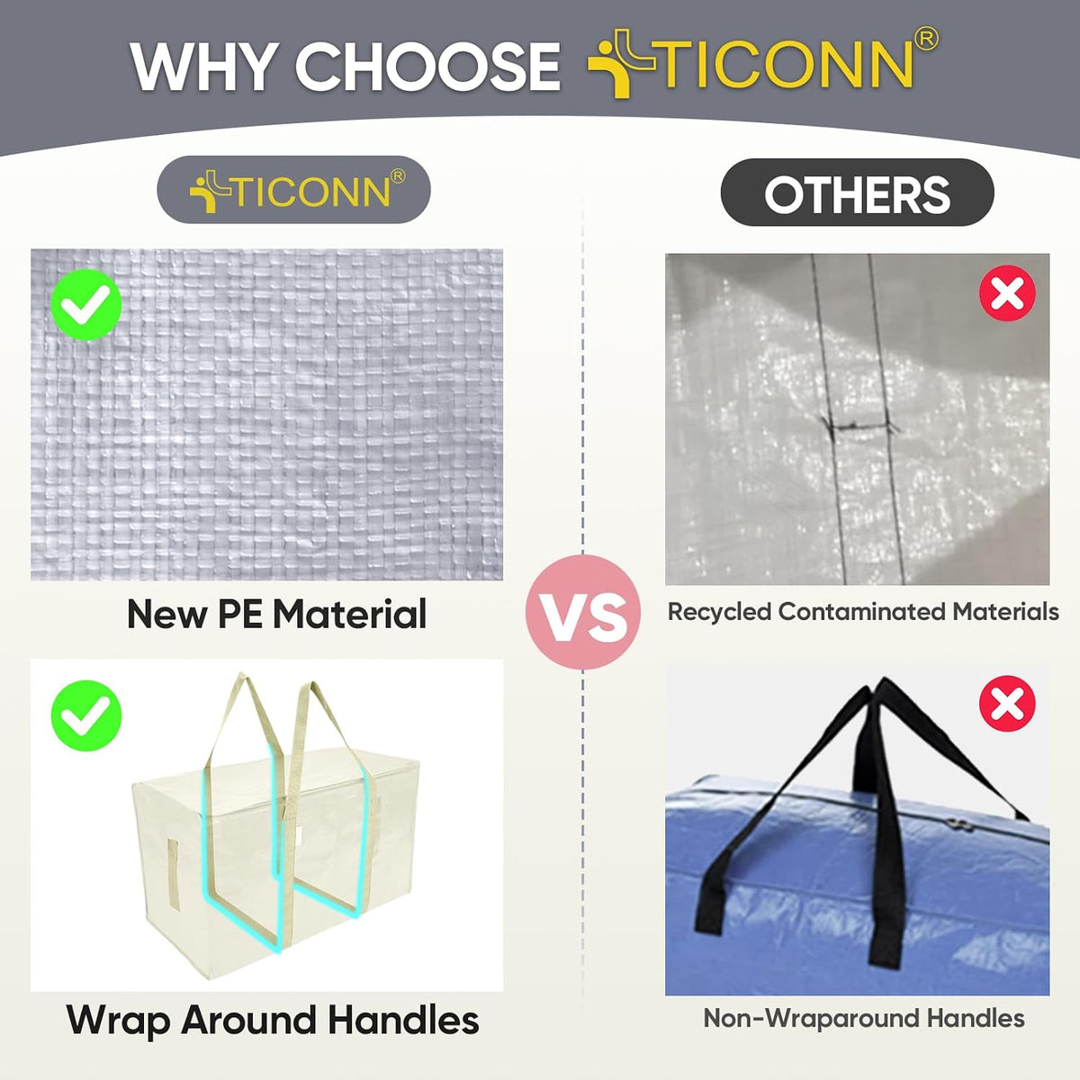 TICONN Extra Large Moving Bags Heavy Duty with Zippers & Carrying Handles, Durable Storage Bags Moving Boxes for Closet Organizers and Storage (Blue)