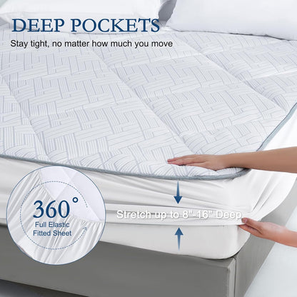 YOUR MOON Cooling Mattress Pad Queen Size for Hot Sleepers, Soft Breathable Noiseless Bed Pad Mattress Cover, Quilted Fitted Pillow Top Mattress Cover with 8"-16" Deep Pocket (Blue White, 60x80)