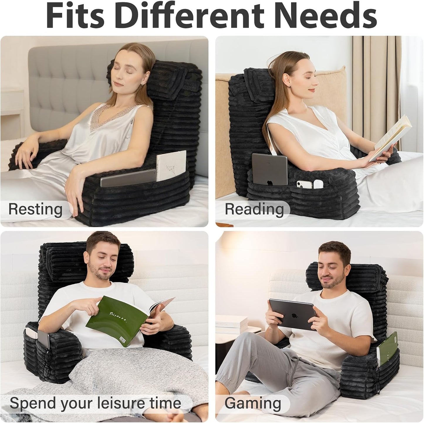 ENITYA 22" XL Back Pillow for Bed Sitting Up, Reading Pillow with Armrests & Big Pockets, Soft Back Support Chair, Ideal for Watching TV, Gaming, Nursing, Resting, Post Surgery, Dark Grey