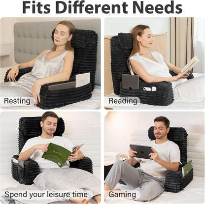 ENITYA 22" XL Back Pillow for Bed Sitting Up, Reading Pillow with Armrests & Big Pockets, Soft Back Support Chair, Ideal for Watching TV, Gaming, Nursing, Resting, Post Surgery, Dark Grey