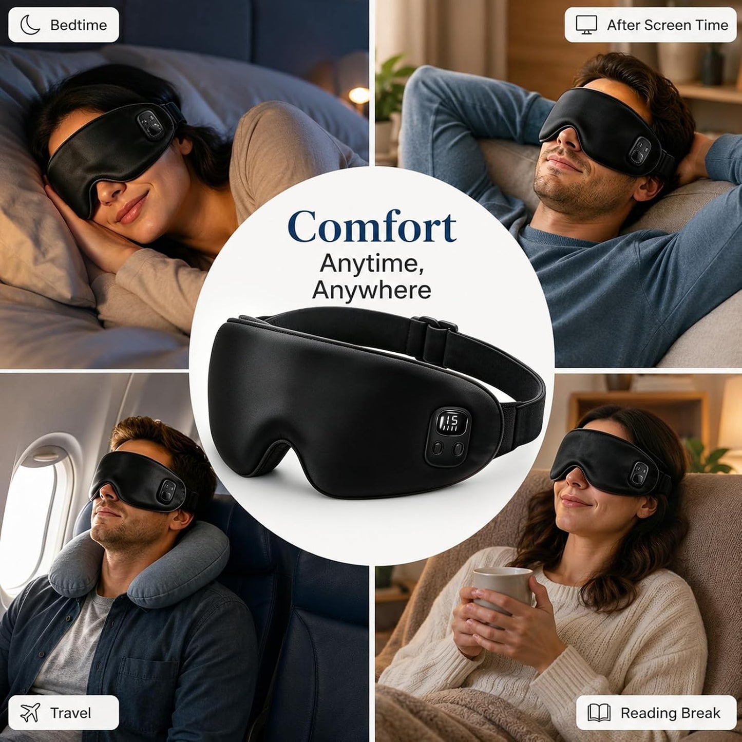Cordless Heated Eye Mask-4 Heat Levels & 4 Timers Heated Eye Mask Rechargeable for Dry Eyes Warm Compress for Eyes Home Office Travel Sleep Soft Adjustable Portable Eye Mask Gift for Women Men