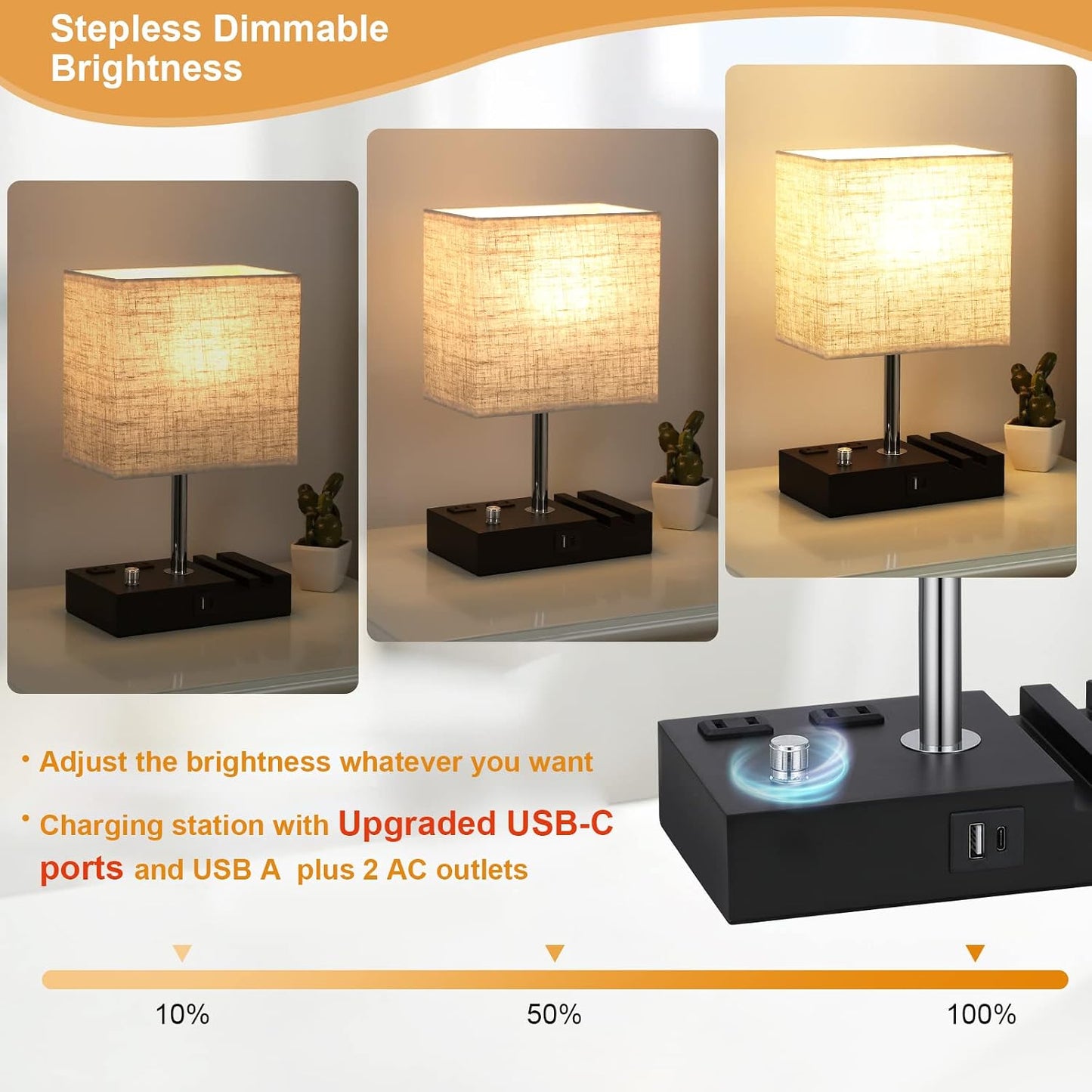 Kakanuo Fully Dimmable Nightstand Lamp for Bedroom with USB C Ports, Grey Small Bedside Table Lamp with Charging Outlets and Phone Stands, Wooden Desk Lamp for Living Room, LED Bulb Included